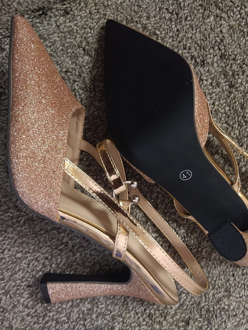Pointed-Toe Glitter Slingback Heels in Rose Gold